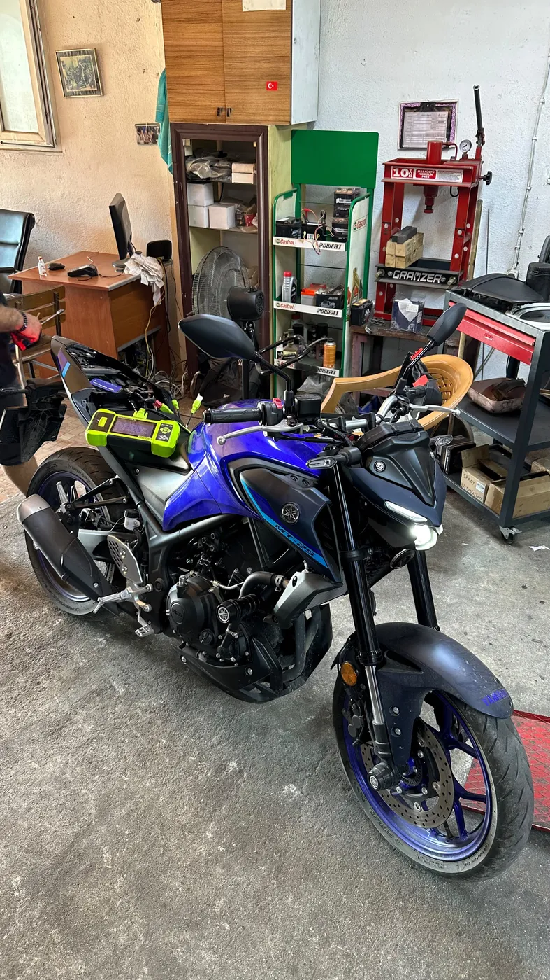 Yamaha MT-03 being checked at Kral Motor workshop